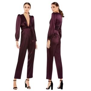 Plum Satin Puff Sleeve Straight Leg Jumpsuit Deep V Formal Evening Sz 2 EUC